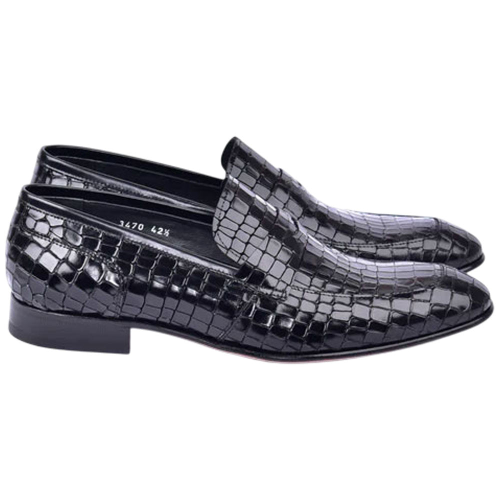 Corrente Men’s Crocodile Embossed Black Almond Toe Loafer