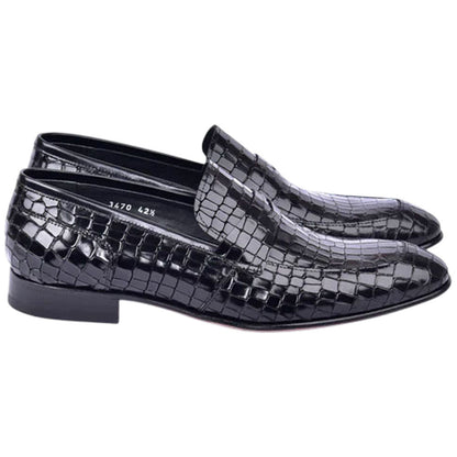 Corrente Men’s Crocodile Embossed Black Almond Toe Loafer