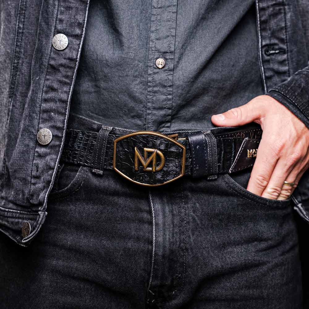 Montana Genuine Caiman Crocodile Skin Belt in Black with Antique Western Buckle | Marco Di Milano Exotic Belt