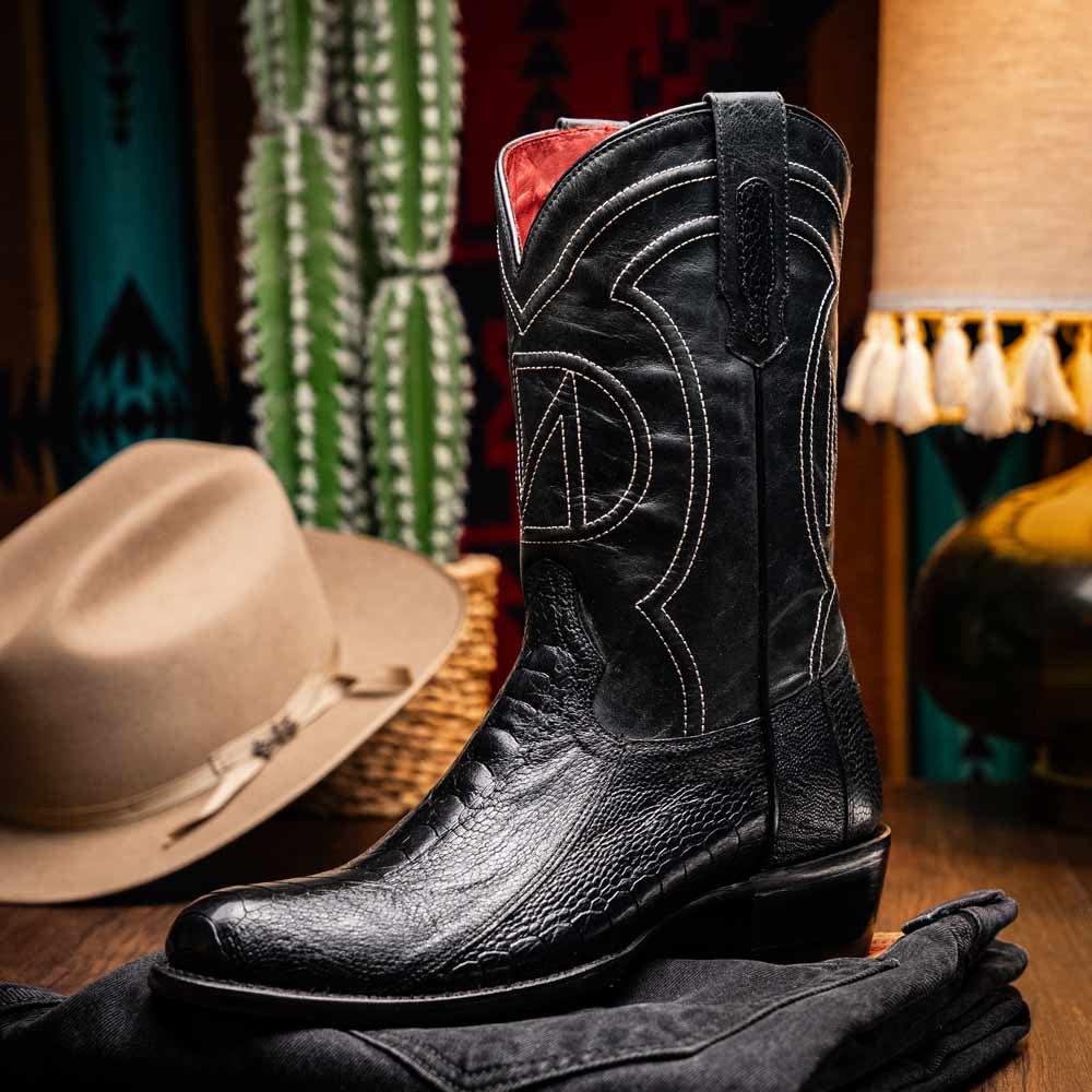 Denver Genuine Ostrich Leg Skin Black Cowboy Boot | Marco Di Milano Western Boots