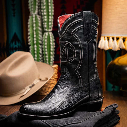 Denver Genuine Ostrich Leg Skin Black Cowboy Boot | Marco Di Milano Western Boots