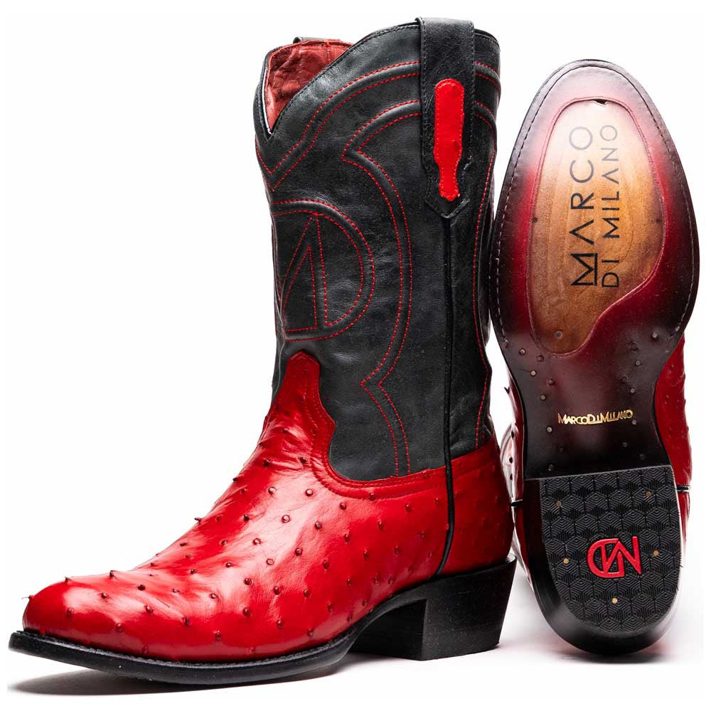 Savannah Genuine Full Quill Ostrich Skin Cowboy Red Boot | Marco Di Milano Western Boots