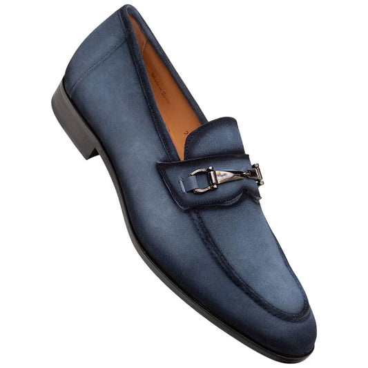 Bracco Burnished Suede Ornament Blue Slip On | Mezlan Dress Loafer for Men