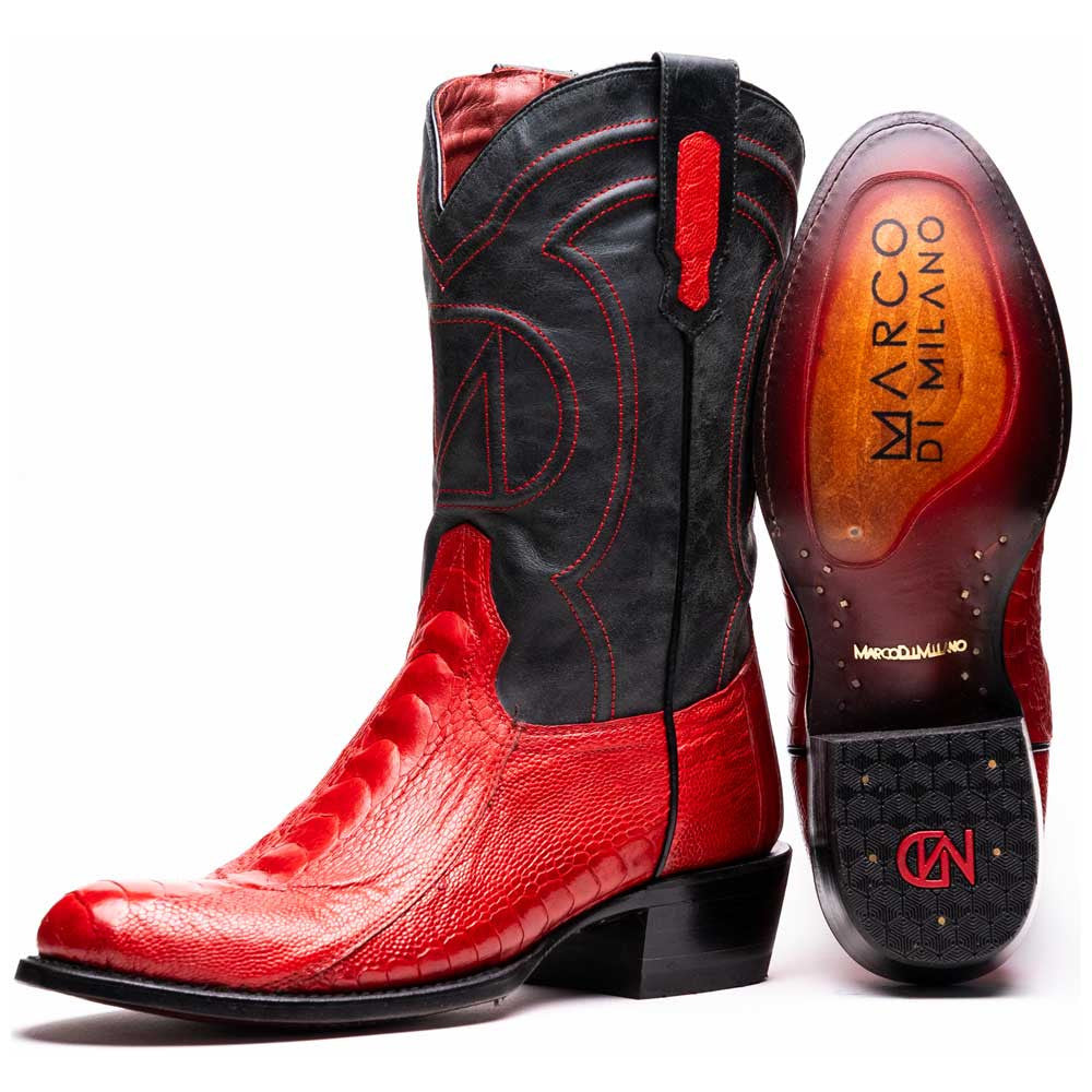 Denver Genuine Ostrich Leg Skin Red Cowboy Boot | Marco Di Milano Western Boots
