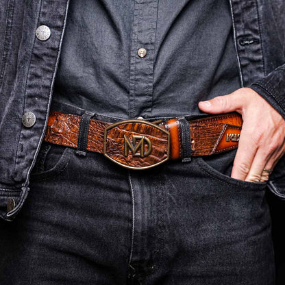 Texas Genuine Caiman Crocodile Skin Belt in Aged Maple with Antique Western Buckle | Marco Di Milano Exotic Belt
