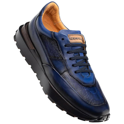 Mezlan Arkley Men's Blue Calfskin & Ostrich Dress Sneaker - Handmade in Spain