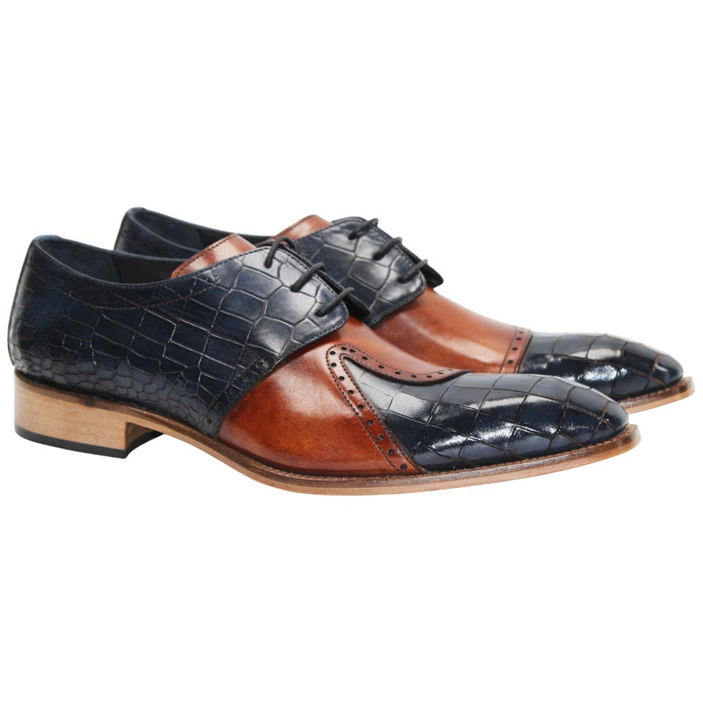 Duca Velentano Navy & Brandy Calf-Skin, Crocodile Print Derby Oxfords