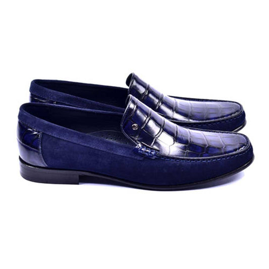 Corrente Jon Navy Blue Crocodile Print Leather & Suede Loafer for men