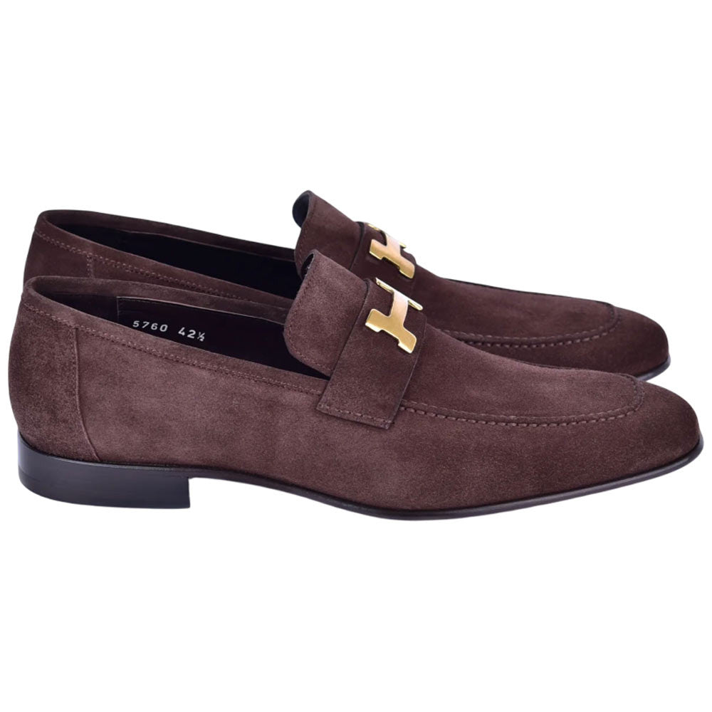 CORRENTE Brown Suede Men's Loafers with Leather Sole H Buckle