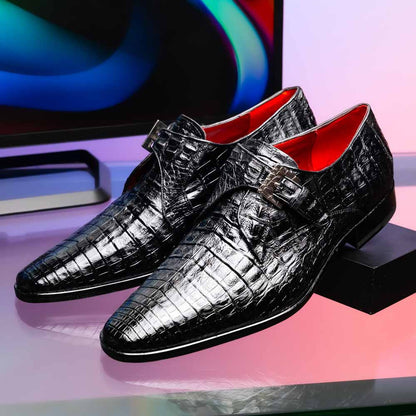 Rovigo Black Men’s Genuine Caiman Crocodile Dress Monk Strap | Marco Di Milano