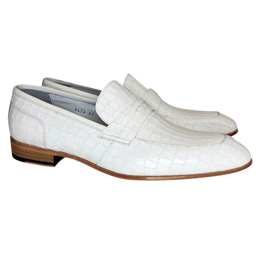 Corrente Men's Crocodile Embossed White Almond Toe Loafer