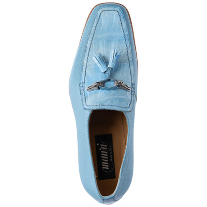 MAURI Shoes Men’s Square Toe Tassel Slip-On Light Blue Time Leather & Baby Crocodile Luxury Dress Loafers