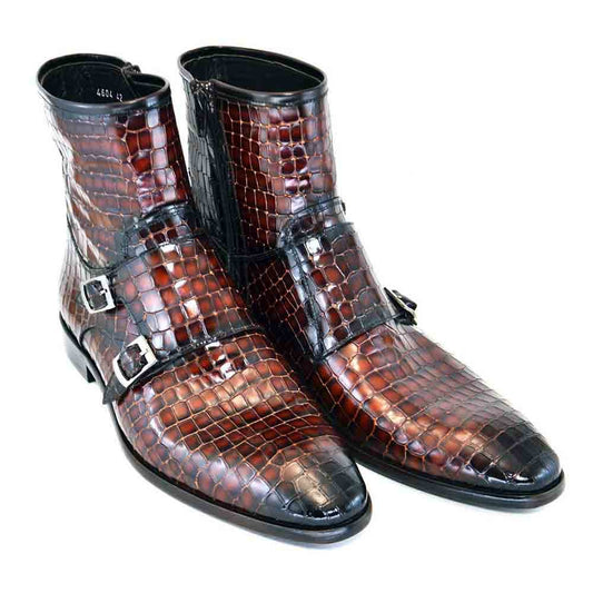 Corrente Brown Leather Crocodile Print Men's Double Buckle Zipper Boot
