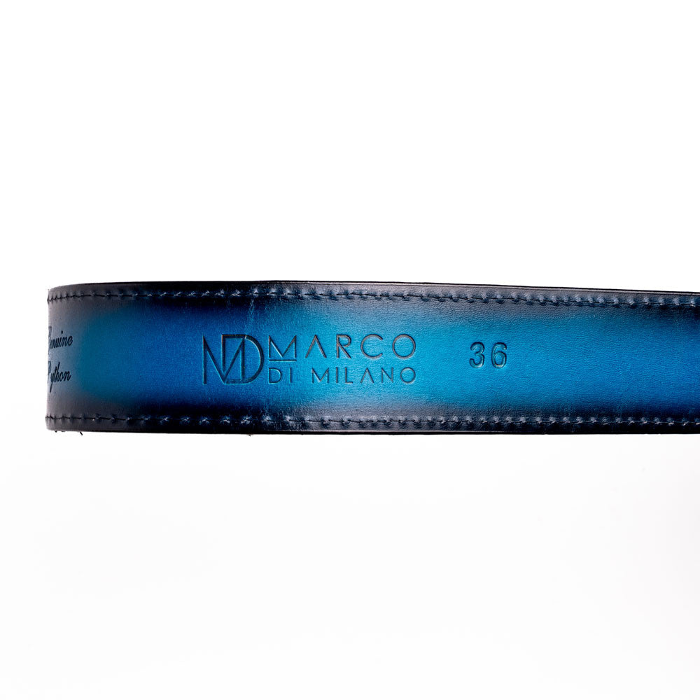 Arkansas Genuine Python Skin Western Belt in Black/Blue with Antique Western Buckle | Marco Di Milano Exotic Belt