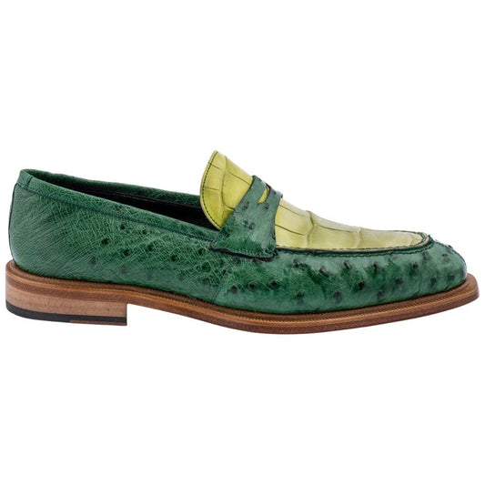 MAURI Shoes Men’s Exotic Dress Shoe Cyprus Alligator & Crispy Green Ostrich Quill Leather Luxury Loafer