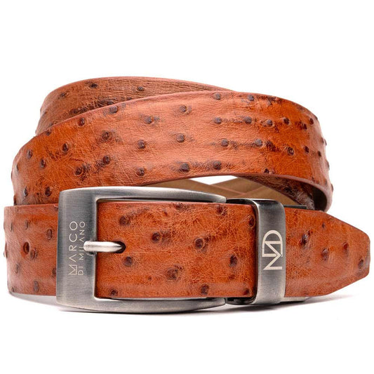 Domenico Men’s Genuine Exotic Ostrich Belts With Brushed Chrome Buckle | Marco Di Milano Exotic Belt in Cognac