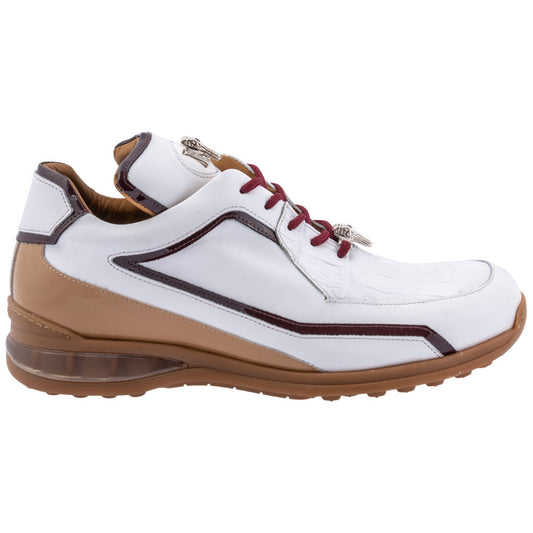 MAURI Men’s Boost White Ruby Dune Calfskin, Baby Crocodile & Patent Leather Luxury Sneakers