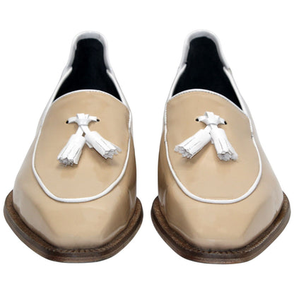 Fano Beige & White Patent Leather Slip On | Duca Dress Loafers for Men