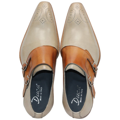 Vergato Light Biege/Cognac Calfskin Leather Monkstraps Oxford | Duca Dress Shoes for Men
