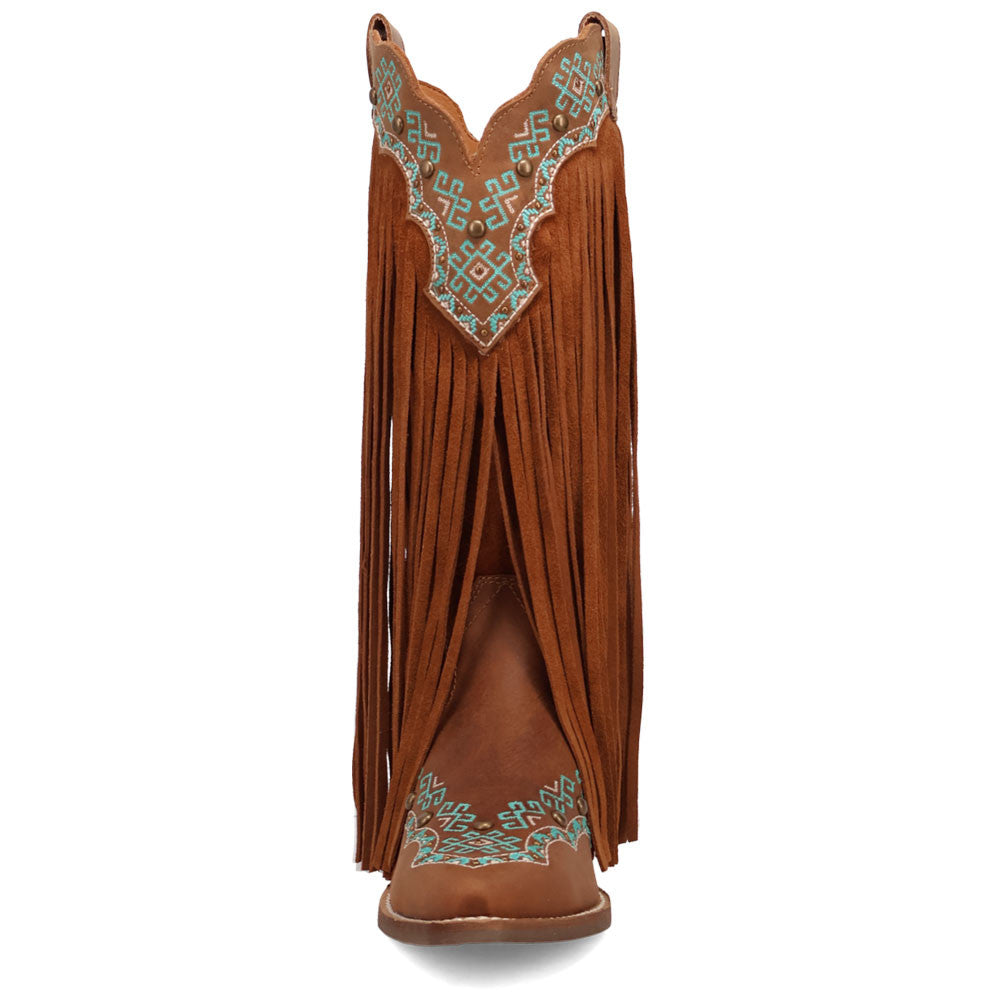 Tequila Sunrise Suede Brown with Turquoise Embroidered Fringe Snip Toe Women Boot | Dingo Western Cowgirl Boots