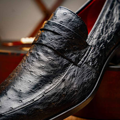 Salvatore Black Men’s Full Quill Ostrich Skin Slip-on Loafers | Marco Di Milano