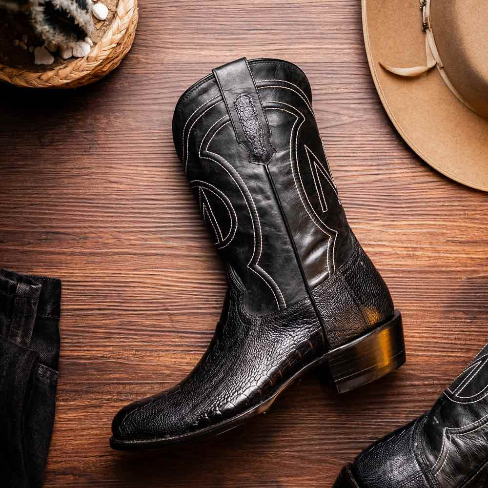 Denver Genuine Ostrich Leg Skin Black Cowboy Boot | Marco Di Milano Western Boots