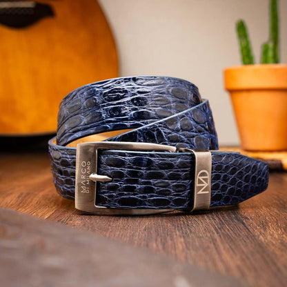 Massimo Genuine Exotic Caiman Flank Navy Belt with a Chrome Buckle | Marco Di Milano Exotic Belt