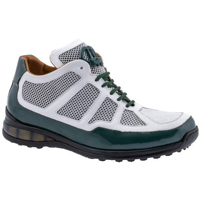 MAURI Shoes Men’s Grid Sneaker Hunter Green White Patent, Calfskin, Baby Crocodile & Mesh Luxury Sneakers with Matching Belt