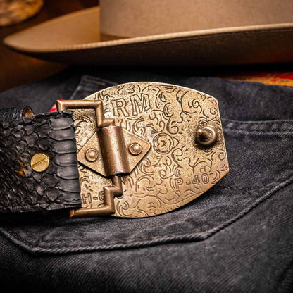 Arkansas Genuine Python Skin Western Belt in Black with Antique Western Buckle | Marco Di Milano Exotic Belt