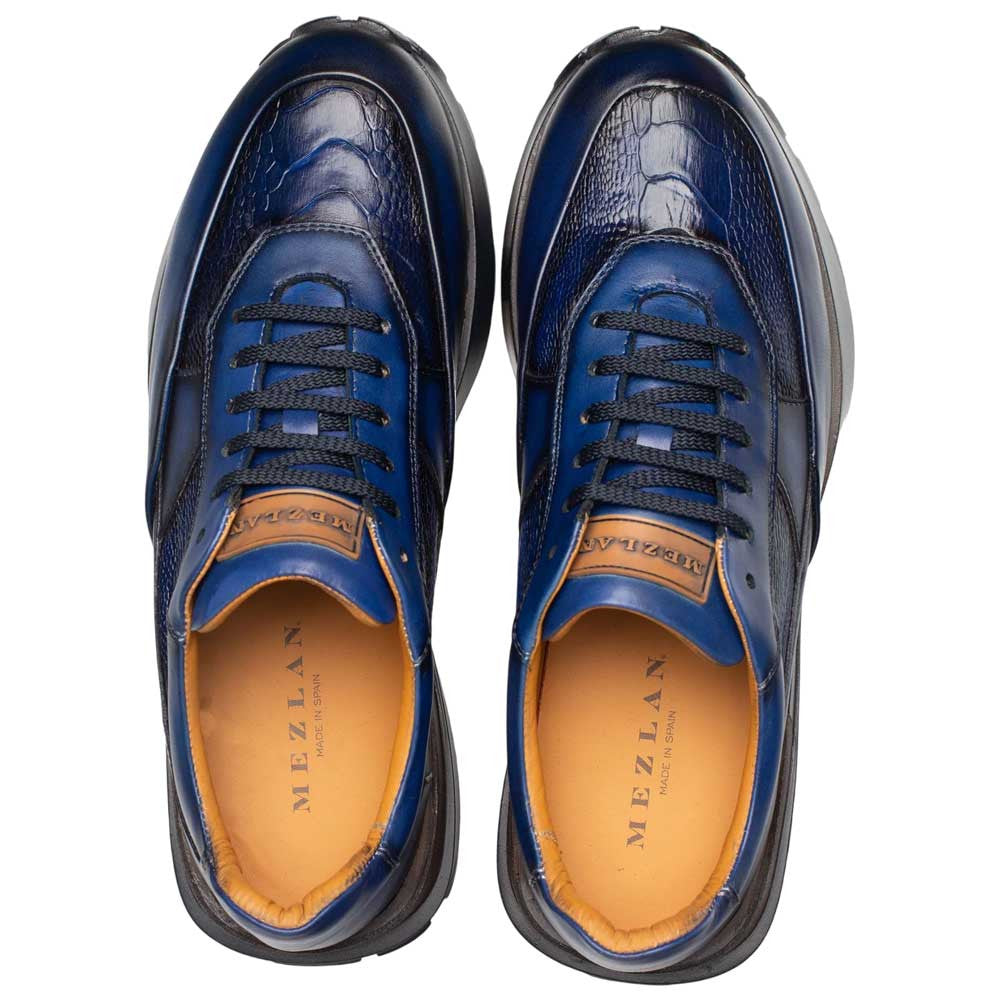 Mezlan Arkley Men's Blue Calfskin & Ostrich Dress Sneaker - Handmade in Spain