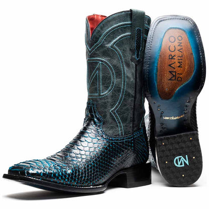 Missouri Genuine Python Skin Black and Blue Cowboy Boot | Marco Di Milano Western Boots