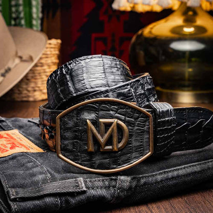 Marlboro Genuine Hornback Caiman Skin Belt in Black with Antique Western Buckle | Marco Di Milano Exotic Belt