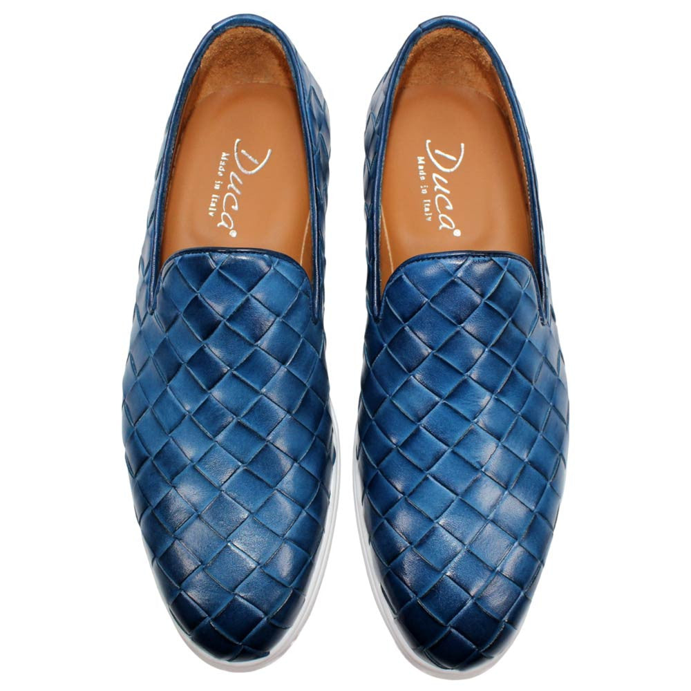 Duca Men's Rivoli Ocean Blue Round Toe Calf Weave Leather Loafers
