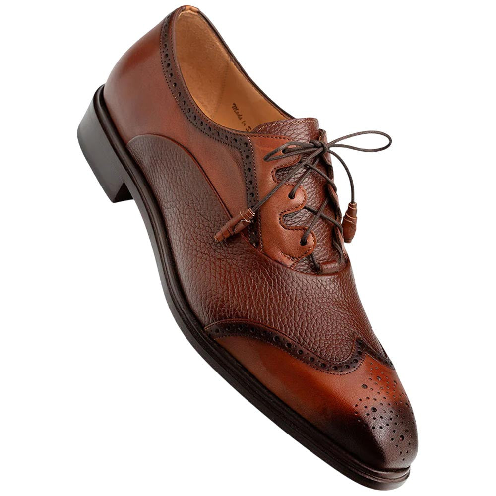 Mezlan Nord Cognac Burnished Calfskin Wing Tip Oxford Brogue Dress Shoe