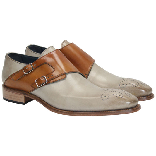 Vergato Light Biege/Cognac Calfskin Leather Monkstraps Oxford | Duca Dress Shoes for Men