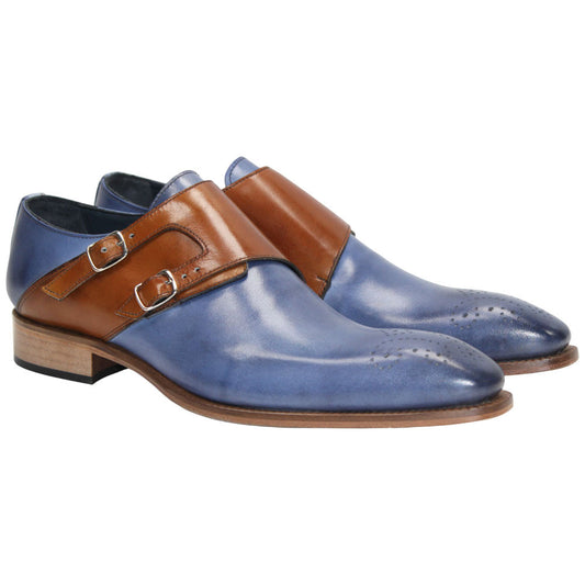 Vergato Light Blue/Cognac Calfskin Leather Monkstraps Oxford | Duca Dress Shoes for Men