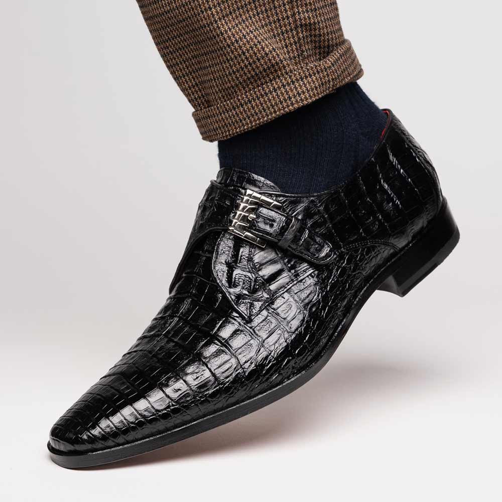 Rovigo Black Men’s Genuine Caiman Crocodile Dress Monk Strap | Marco Di Milano