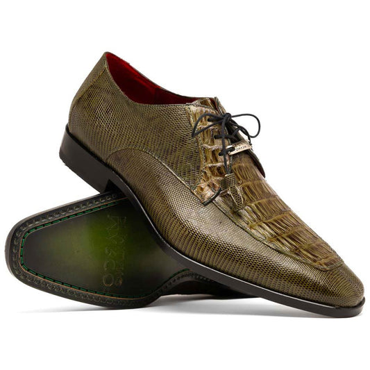 Merida Genuine Caiman and Lizard Skin Olive Green Dress Derby | Marco Di Milano