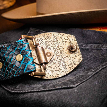 Arkansas Genuine Python Skin Western Belt in Black/Blue with Antique Western Buckle | Marco Di Milano Exotic Belt