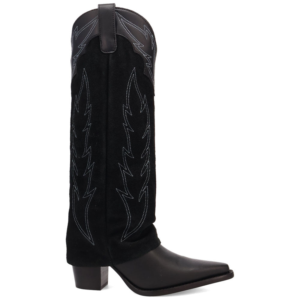 Wild Fire Black with White Embroidery Cuffed Snip Toe Women Leather Boot | Dingo Western Cowgirl Boots