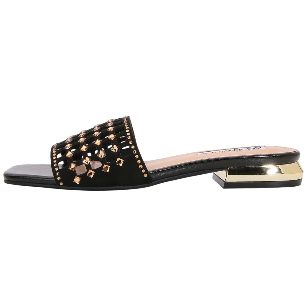 Lady Couture Women's Garden Black Geometric Crystal Flat Slide Sandals