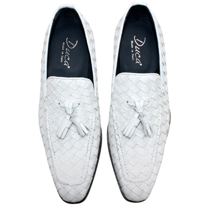 DUCA Tirrenea White Men's Italian Woven Leather Tassel Loafers