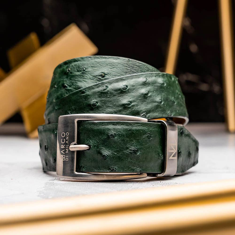 Domenico Men’s Genuine Exotic Ostrich Belts With Brushed Chrome Buckle | Marco Di Milano Exotic Belt in Green