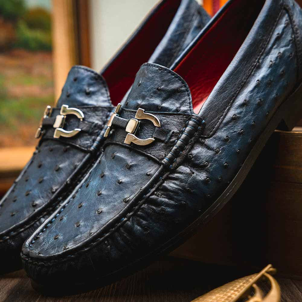 Ferrioni Men’s Genuine Ostrich Moc Toe Bit Loafers | Marco Di Milano in Navy