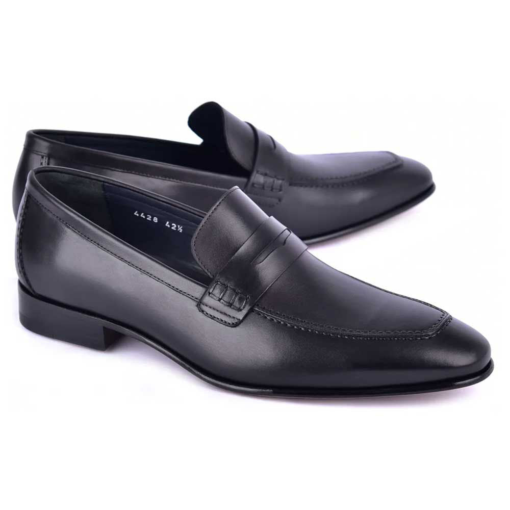Corrente Black Calf-Skin Leather Penny Mens Loafers
