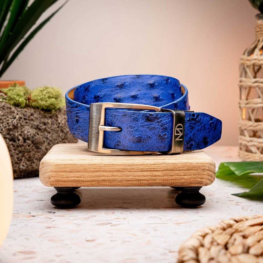 Domenico Men’s Genuine Exotic Ostrich Belts With Brushed Chrome Buckle | Marco Di Milano Exotic Belt in Blue