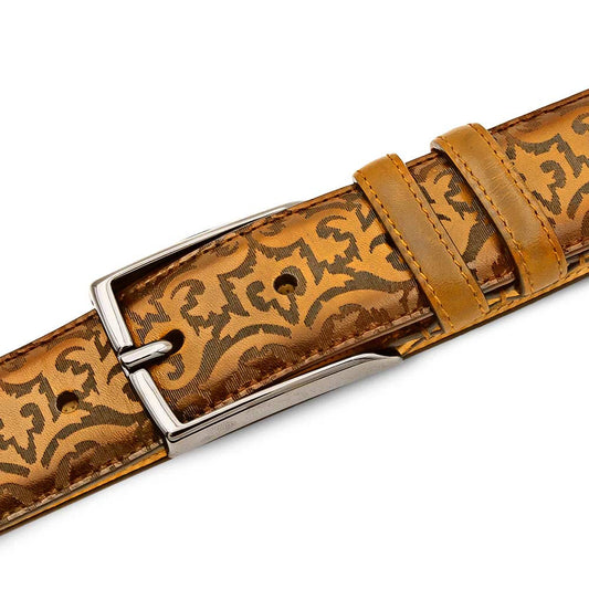 Mezlan Men’s Floral Camel Laser Print Calfskin Leather Belt