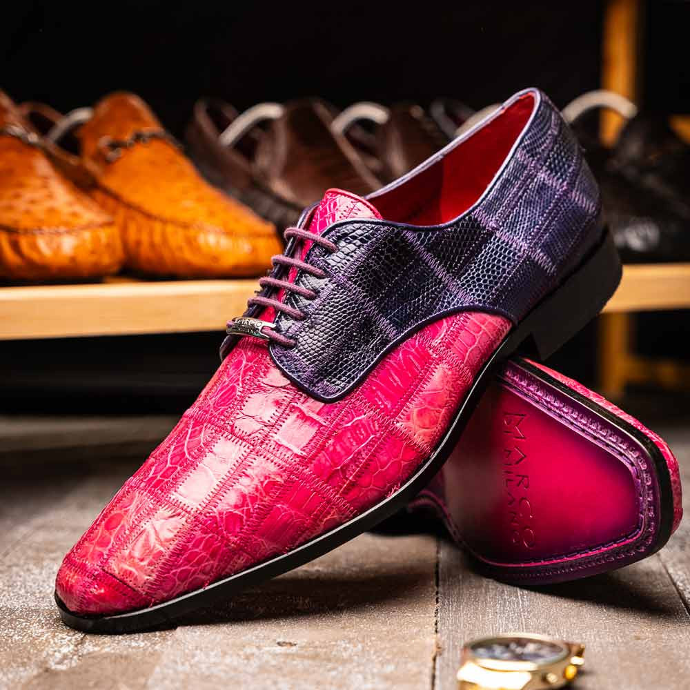 Pissa Pink/Purple Men’s Genuine Crocodile and Lizard Skin Patchwork Derby