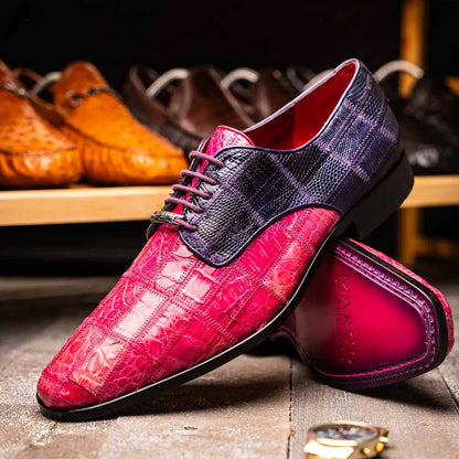 Pissa Pink/Purple Men’s Genuine Crocodile and Lizard Skin Patchwork Derby