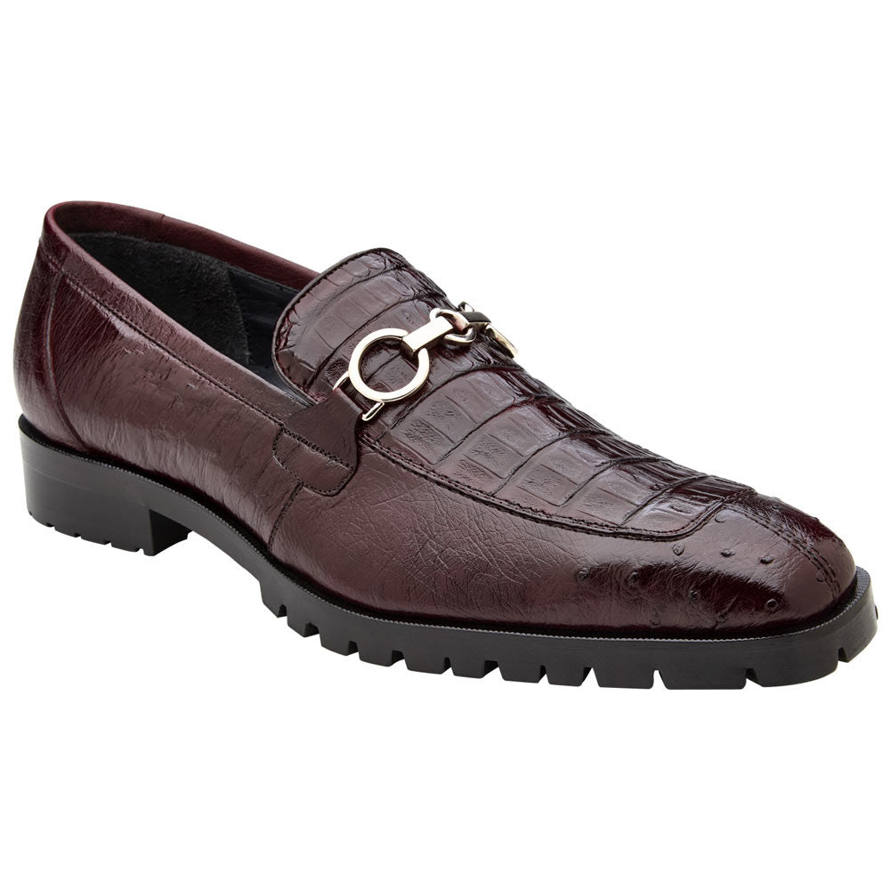 Belvedere Men's Genuine Caiman and Ostrich Quill Burgundy Loafer - Corso